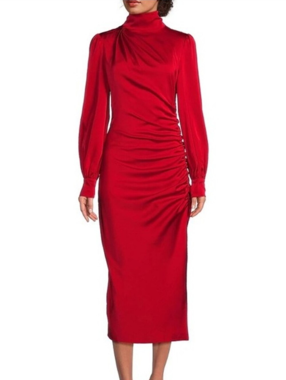 New Badgley Mischka High-Neck Ruched Midi Dress